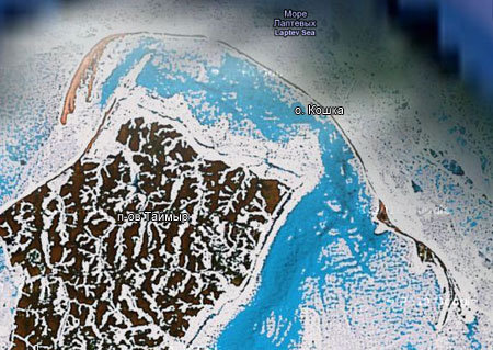 Остров Кошка, Море Лаптевых - снимок со с спутника